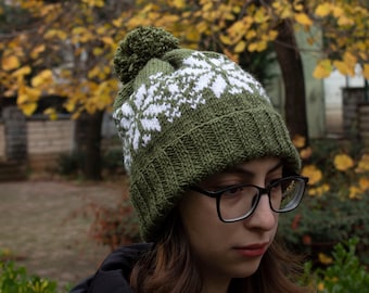 Hand Knit Cozy Winter Hat With Snowflakes, Green Nordic Hat, Hand Knit Beanie, Women Winter Hats, Gift For Her For Adults and Children