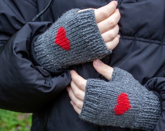 Fingerless Gloves, Hand Knit Winter Gloves, Heart Mittens, Gray Red Heart Gloves, Handmade Gifts for Holidays, Gifts For Her