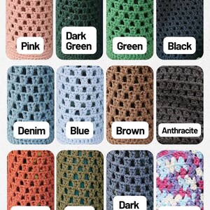 May include: A collection of 12 crocheted squares in various colors, including pink, dark green, green, black, denim, blue, brown, anthracite, copper, sage, dark blue, and colorful.