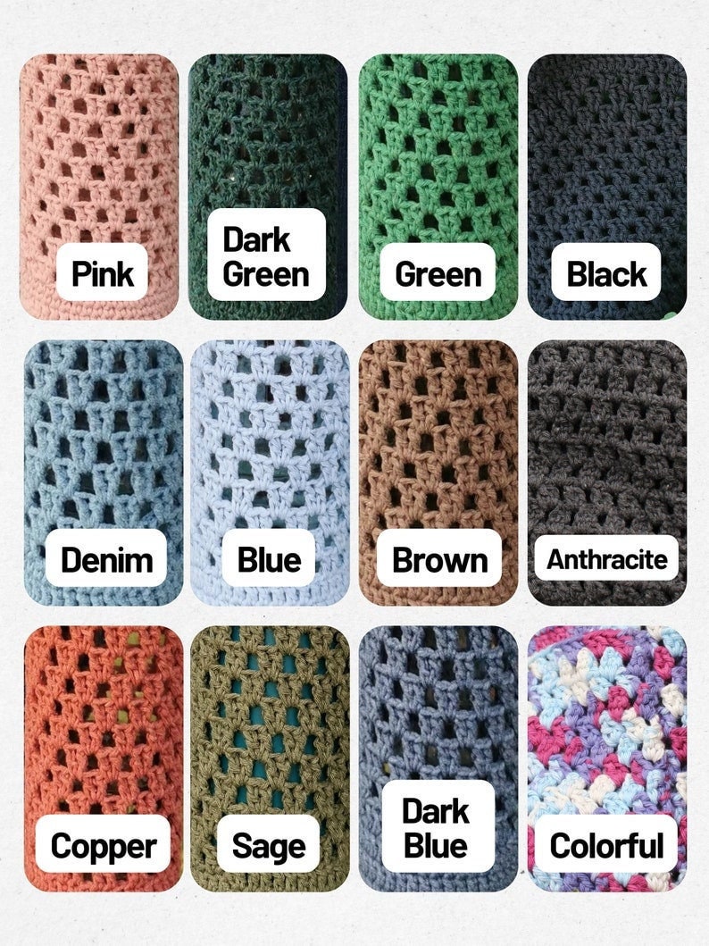 May include: A collection of 12 crocheted squares in various colors, including pink, dark green, green, black, denim, blue, brown, anthracite, copper, sage, dark blue, and colorful.