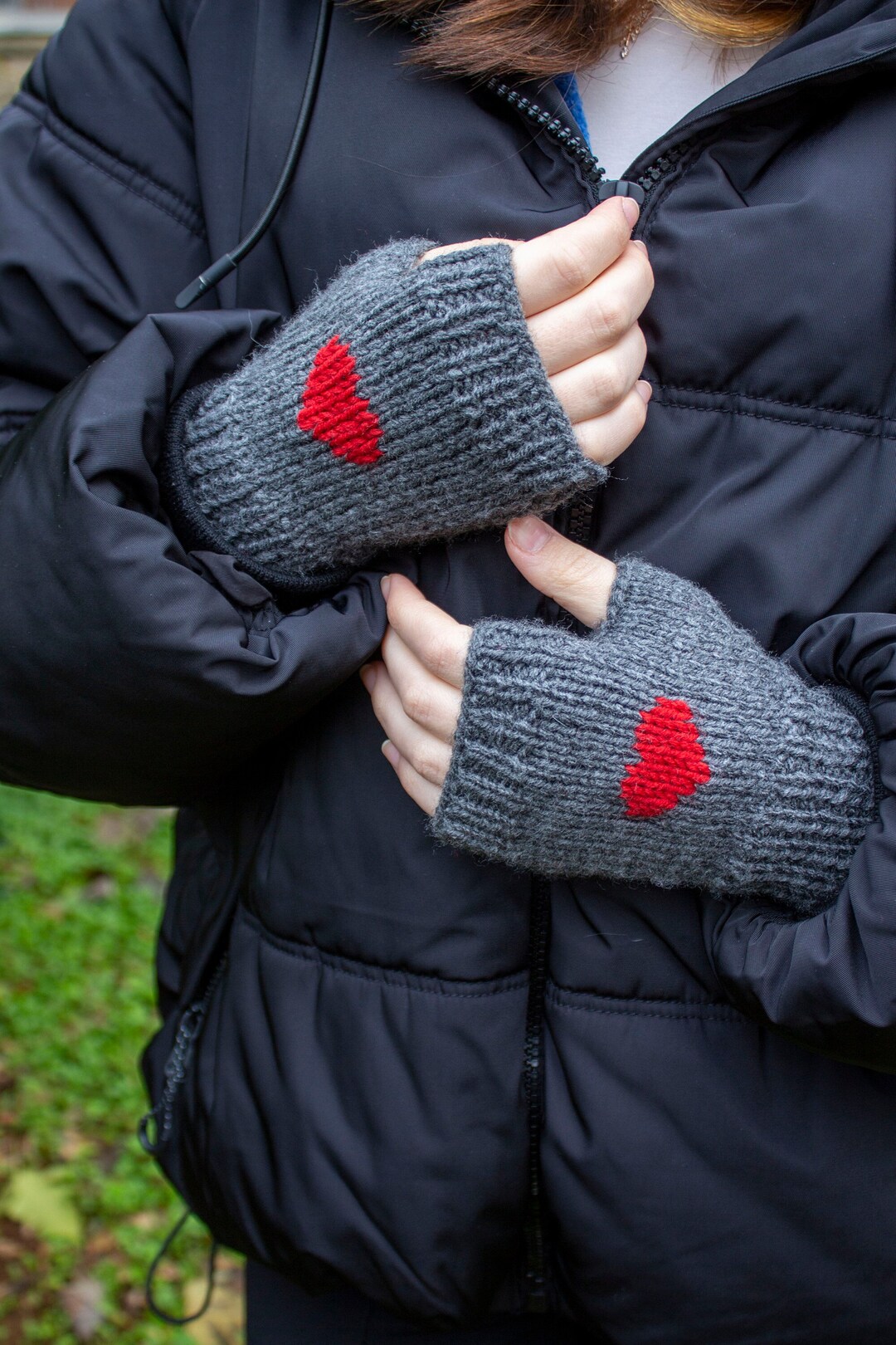 Fingerless Gloves, Hand Knit Winter Gloves, Heart Mittens, Red Heart