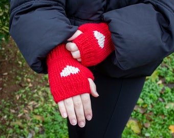 Red Fingerless Gloves, Hand Knit Winter Gloves, Heart Mittens, Heart Gloves, Handmade Gifts for Holidays, Gifts For Her