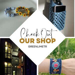 May include: A collection of handmade beaded bracelets featuring sunflower and flower designs in yellow, green, and blue.  Check Out Our Shop GREENLIMETR.