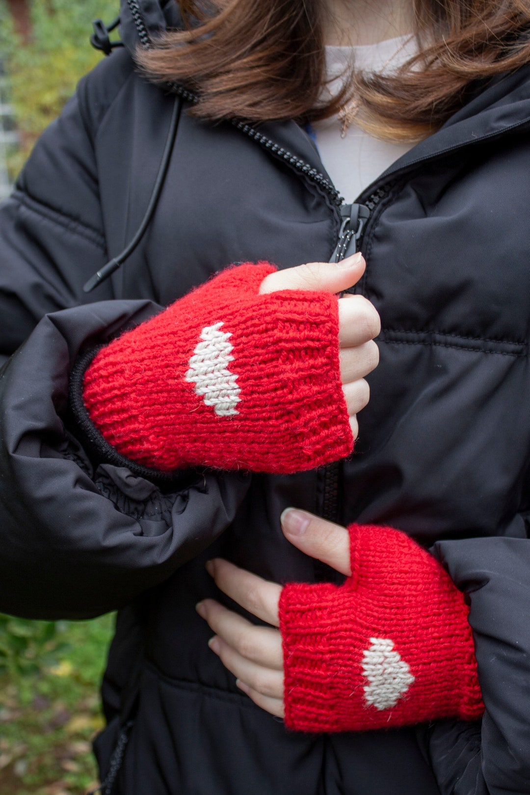 Fingerless Gloves, Hand Knit Winter Gloves, Heart Mittens, Red Heart