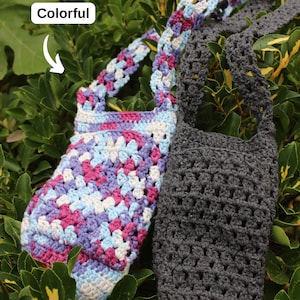 May include: Two crocheted bags, one in a colorful pattern of pink, purple, blue, and white, and the other in a solid dark gray, called "Anthracite".