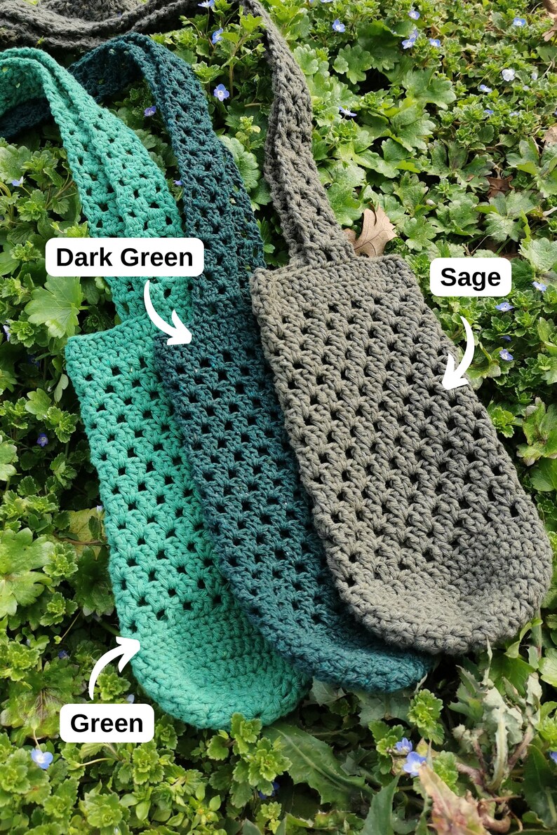 May include: Three crocheted bags in different shades of green. The bags are labeled "Dark Green", "Green", and "Sage".