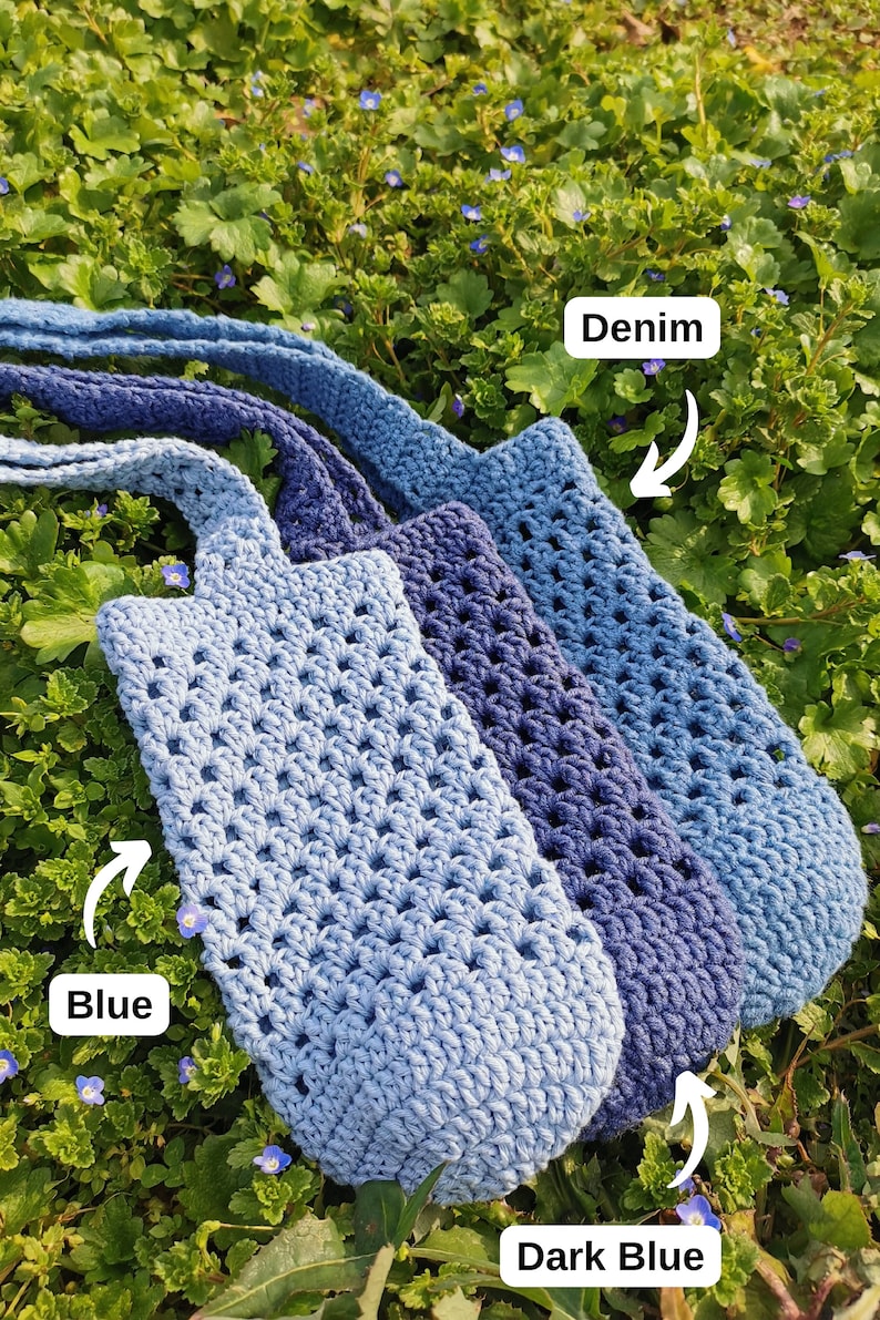 May include: Three crocheted bags in different shades of blue, labeled "Blue", "Dark Blue", and "Denim".