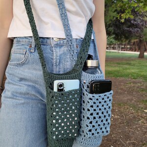 green and blue Cell phone carrier Crochet Water Bottle Holder | Cell Phone Holder | Water Bottle Carrier | Crossbody Bag | Water Bottle Bag | Gifts for Her, blue color bag