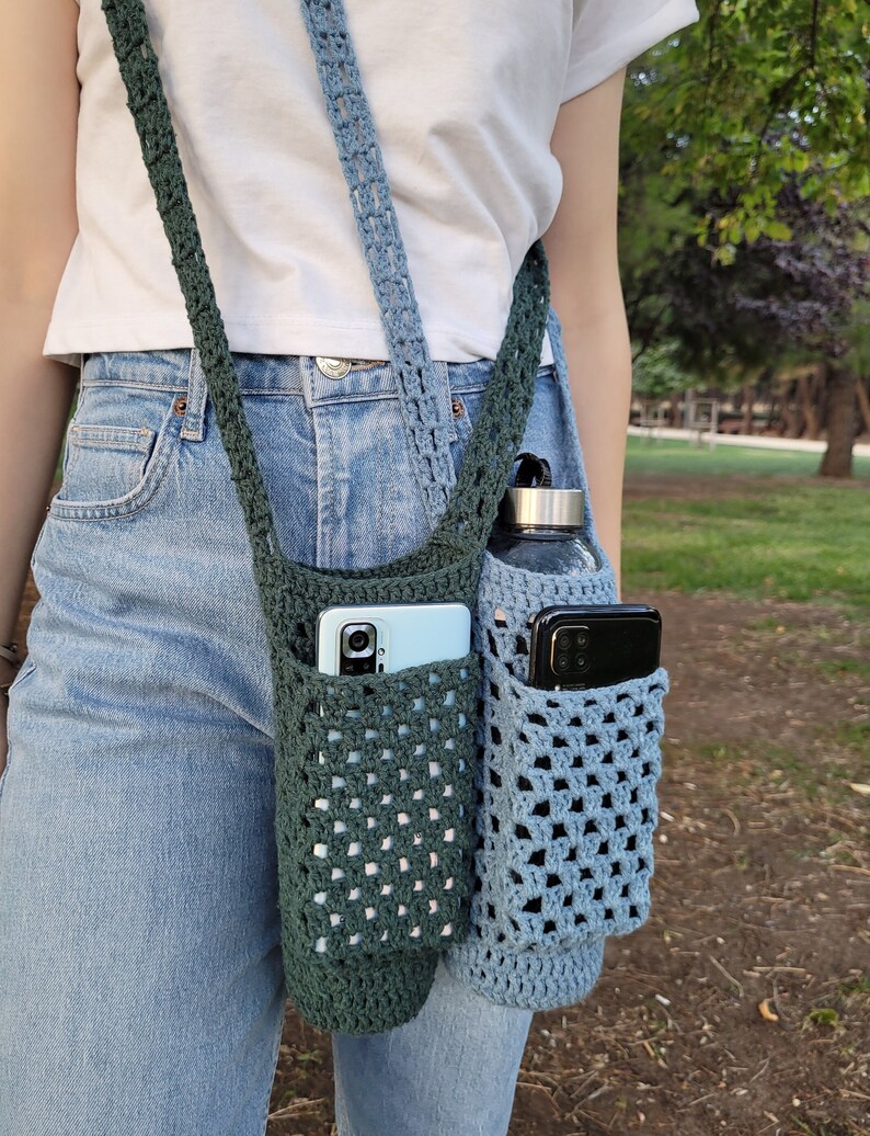 green and blue Cell phone carrier Crochet Water Bottle Holder | Cell Phone Holder | Water Bottle Carrier | Crossbody Bag | Water Bottle Bag | Gifts for Her, blue color bag