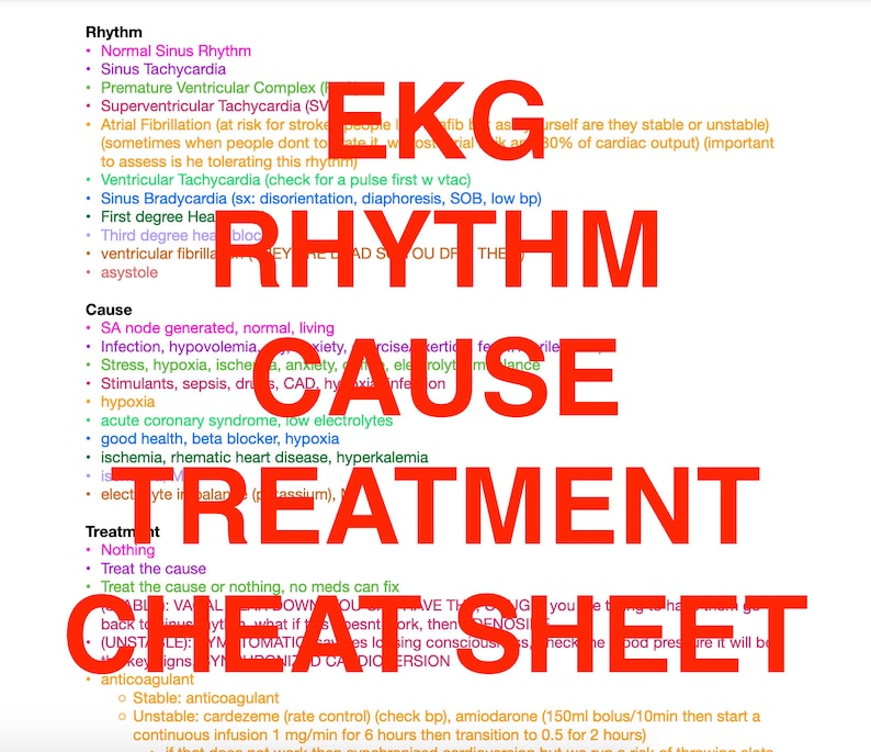 EKG Cause Rhythm Treatment Cheat Sheet Etsy