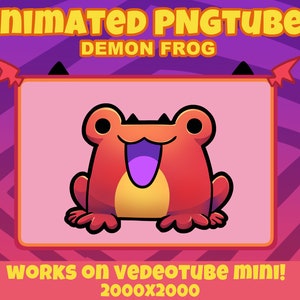 May include: Animated PNGtuber demon frog with a red body, yellow belly, and purple tongue. The frog is sitting on a pink background with the text "WORKS on vedeoTube mini! 2000x2000" below.