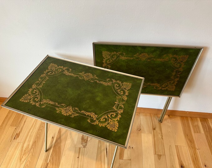 Vintage Folding TV Trays Mid Century Modern Stand Set 2 Avocado Green