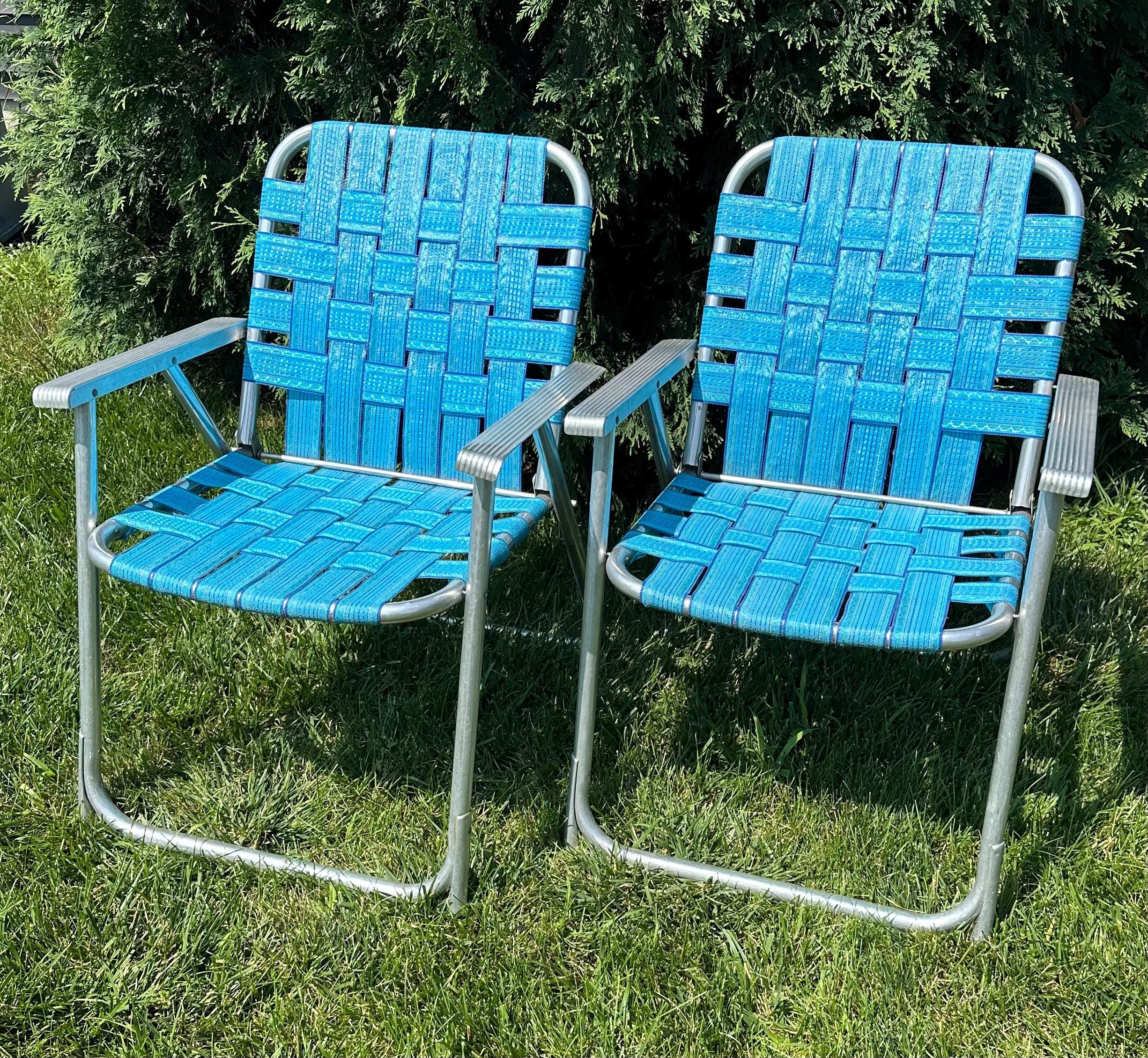2 Vintage Aluminum Webbed Folding Lawn Chairs Blue Shimmery NICE Matching Set Etsy