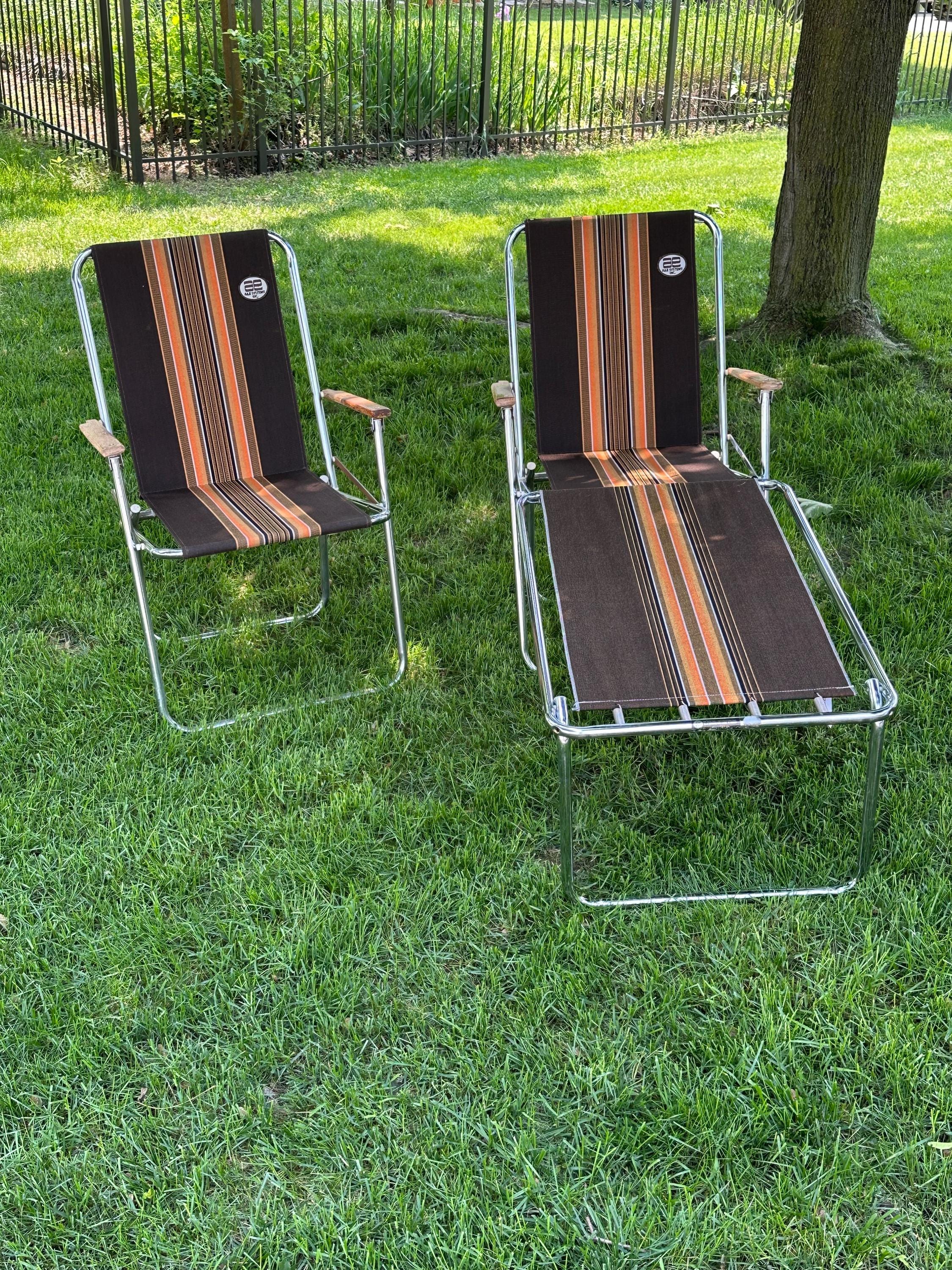 Vtg Zip Dee Brown Stripe Folding Chair Chrome Wood Carefree