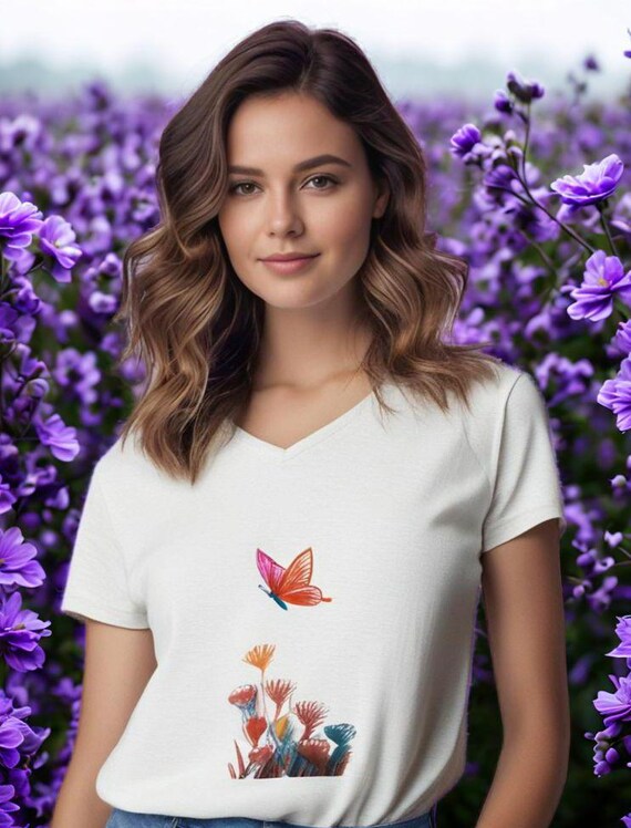 Artistiek bloemenshirt met krijtontwerp, V-hals dames T-shirt