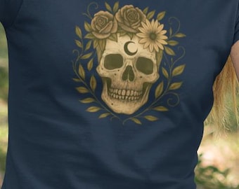 Floral Skull Crescent Moon T-Shirt, Witchy Botanical Goth Tee