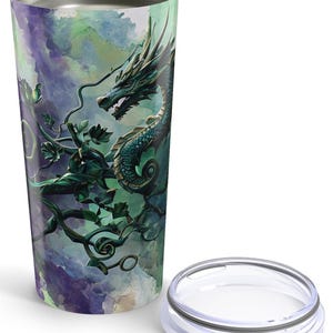 Emerald Dragon Tumbler, Gothic Fantasy Wraparound Travel Mug, Serpent Vine Art Cup, Mythical Beast Gift for Him or Her, 20oz Stainless Steel