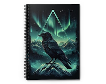 Cahier à spirale corbeau et aurore boréale | Journal gothique sorcier