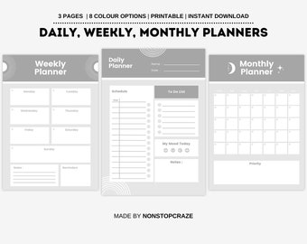 Daily Planner, Weekly Planner, Monthly Planner, Planner set, Printable planner, Print at home, Instant Download, A4