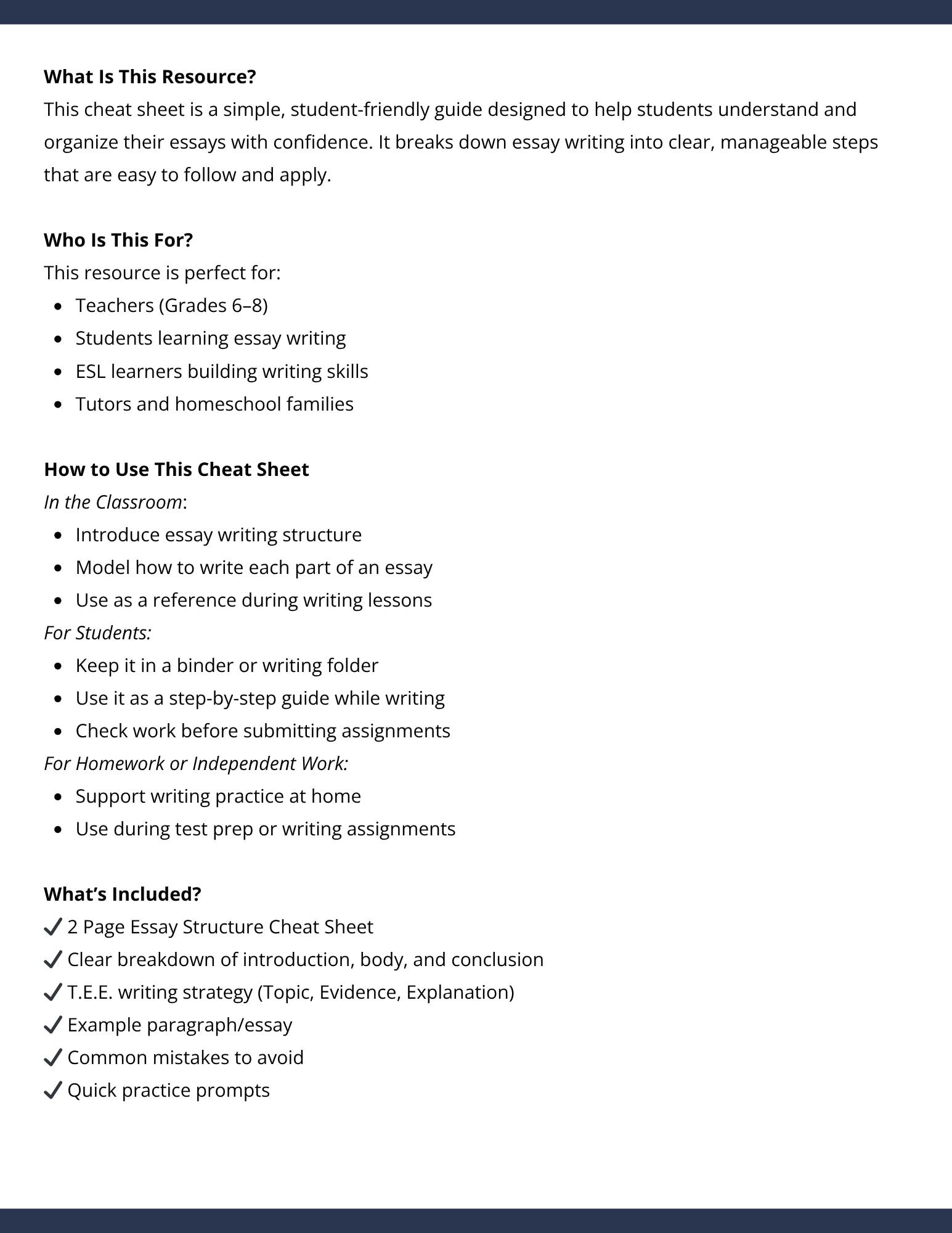 Essay Structure Cheat Sheet Printable | Writing Guide Grades 6-8 ...