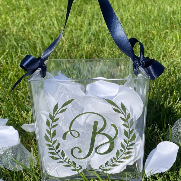 Letter Monogram - Acrylic Flower Girl Basket - Silk Flower Petals