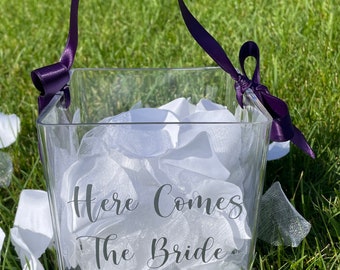 Here Comes The Bride - Acrylic Flower Girl Basket - Silk Flower Petals