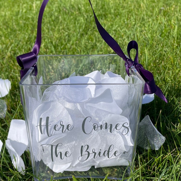 Here Comes The Bride - Acrylic Flower Girl Basket - Silk Flower Petals