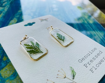 Dried Fern Pressed Gold Earrings / Dangle Earrings / Plant Earrings / Fern