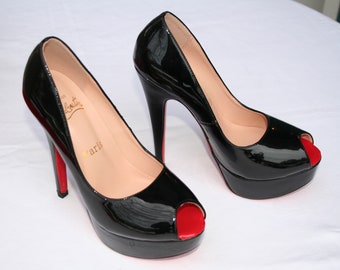 NEW Auth Christian Louboutin Black Patent Peep Toe Privé Heels/Shoes w/ Box & Dustbag - Size 37 US 7