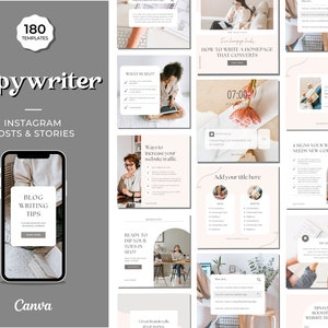 Pode incluir: Uma colagem de 180 modelos de postagens e histórias do Instagram para redatores. Os modelos apresentam uma paleta de cores neutras com bege, branco e texto preto. Os modelos incluem dicas para escrever postagens de blog, aumentar o tráfego do site e criar uma página inicial que converte. Os modelos também incluem uma citação sobre o fato de que a redação publicitária é um investimento.
