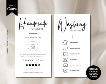 Editable Washing Instructions Care Card Template, Printable Clothing Care label, Tshirt Packaging Insert