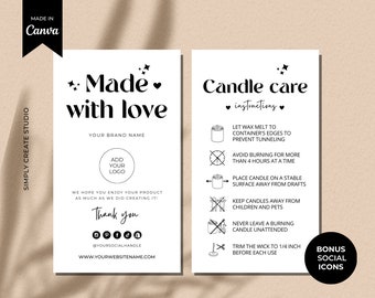 Editable Candle care Instructions Card Template, Printable Candle Care label, instructions Insert
