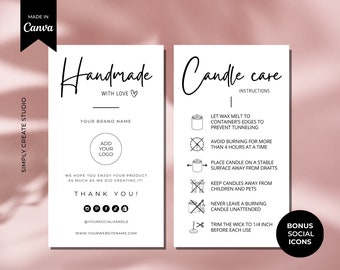 Editable Candle care Instructions Card Template, Printable Candle Care label, instructions Insert