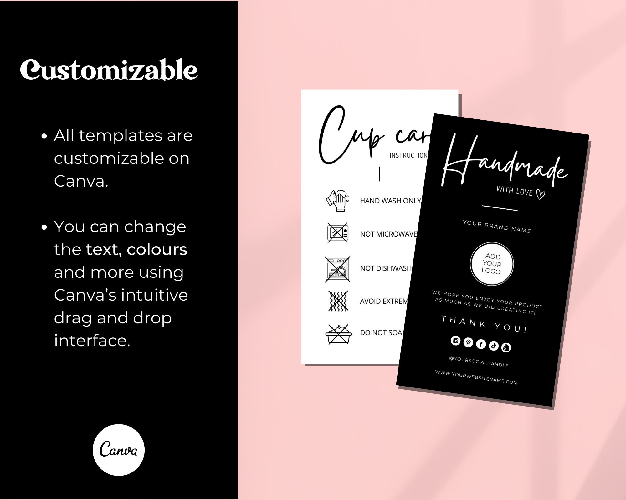 Editable Cup Care Instructions Card Template, Printable Cup Care Label ...