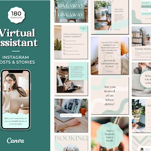 May include: A collage of 12 Instagram post and story templates for virtual assistants. The templates feature a light green and pink colour scheme with text that includes phrases like "Virtual Assistant", "Hire your weaknesses", "Systems & automations", "What I do in a day", and "Don't forget to take a break".