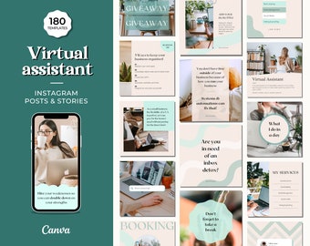 May include: A collage of 12 Instagram post and story templates for virtual assistants. The templates feature a light green and pink color scheme with text that includes phrases like "Virtual Assistant", "Hire your weaknesses", "Systems & automations", "What I do in a day", and "Don't forget to take a break".