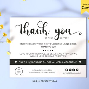 Plantilla Canva de tarjeta de agradecimiento, para pequeñas empresas de Etsy, nota de inserción de embalaje de cliente editable, tarjeta imprimible