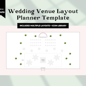 May include: A wedding venue layout planner template with a light pink border. The design includes a wedding arch, tables, a dance floor, and a tent. The text reads "Wedding Venue Layout Planner Template" and "Includes Multiple Layouts + Icon Library."