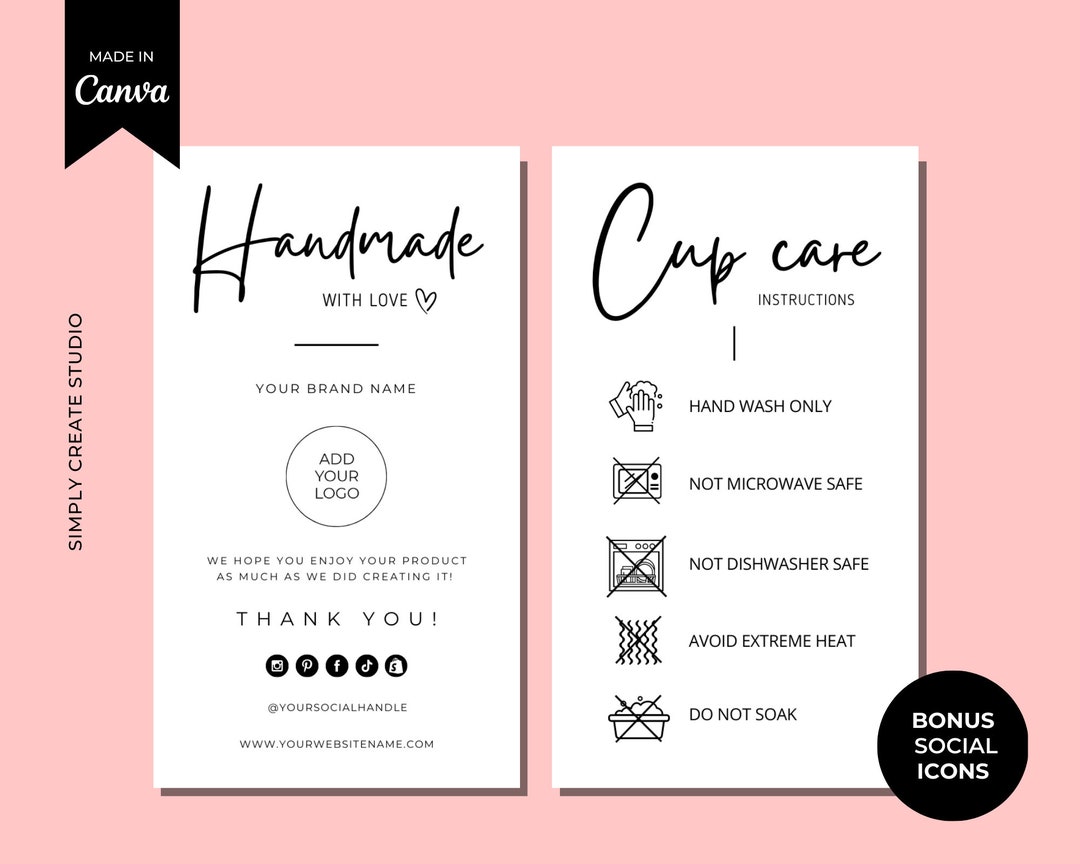 Editable Cup Care Instructions Card Template, Printable Cup Care Label ...