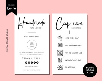 Editable Cup care Instructions Card Template, Printable Cup Care label, washing instructions Insert