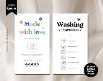 Editable Washing Instructions Care Card Template, Printable Clothing Care label, Tshirt Packaging Insert