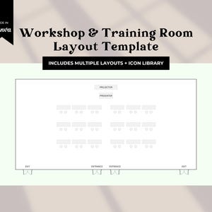 Pode incluir: Um modelo de layout de sala de workshop e treinamento, projetado no Canva. O modelo inclui vários layouts e uma biblioteca de ícones. O design apresenta um layout de sala com assentos, um projetor e uma área de apresentação.