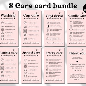 Care Card Bundle, Printable Cup Care Instructions, Vinyl Decal, Shirt, Tumbler, Candle, Washing Instructions