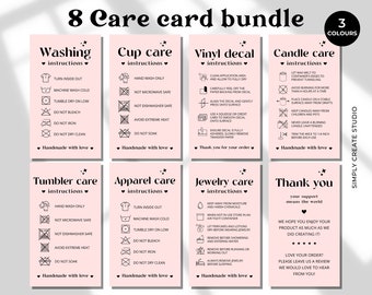 Care Card Bundle, Printable Cup Care Instructions, Vinyl Decal, Shirt, Tumbler, Candle, Washing Instructions