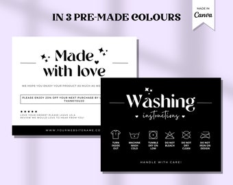 Editable Washing Instructions Care Card Template, Printable Clothing Care label, Tshirt Packaging Insert