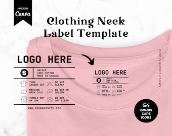 Editable Clothing Tag Template, T-shirt Neck Label, Garment Care Tag, Wash Instructions, Tagless labels