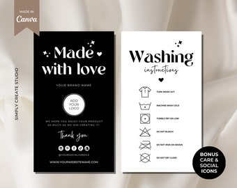Editable Washing Instructions Care Card Template, Printable Clothing Care label, Tshirt Packaging Insert