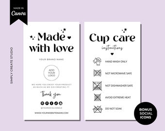 Editable Cup care Instructions Card Template, Printable Cup Care label, washing instructions Insert