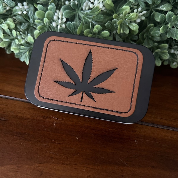 Weed Storage Tin, Altoid, Gift, Friend, Marijuana Leaf, Leather, Custom, Personalized