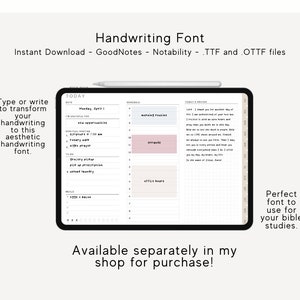 May include: A digital planner app screen shot with a handwritten font. The screen shows a daily schedule with the date "Monday, April 1" and a to-do list. The text "Handwriting Font" is at the top of the image. The text "Available separately in my shop for purchase!" is at the bottom of the image.